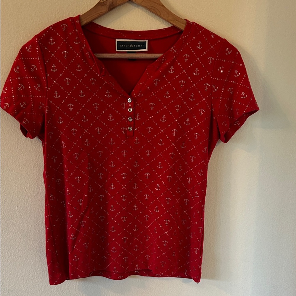 👚 Karen & Scott Red Anchor Print Short Sleeve Top - Size PM